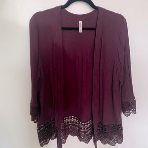 XL Maroon Xhilaration Open Cardigan with Lace Detail on Sleeves and Bottom Edge